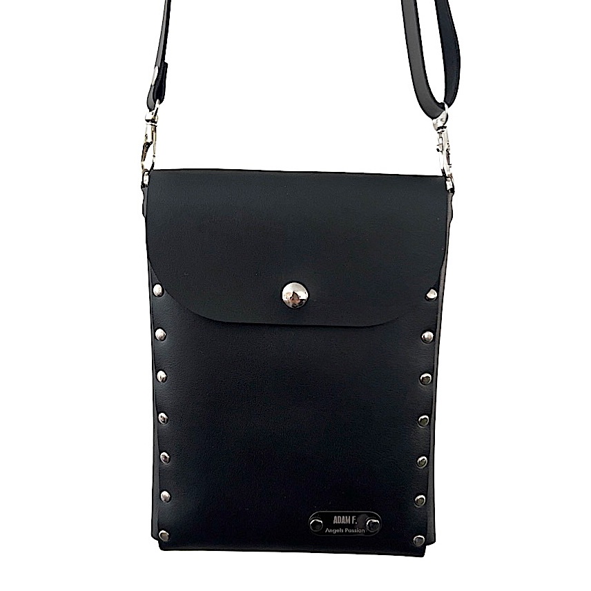 Black Leather Studded Silver Satchel Crossbody Shoulder Purse Bag